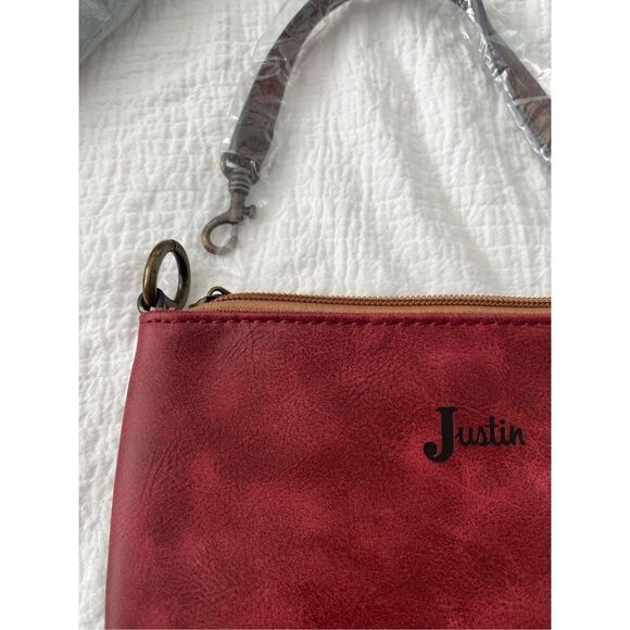 Justin Convertible Bag Wristlet Black Red Animal Print Leather Fringe Western NW - Picture 2 of 6